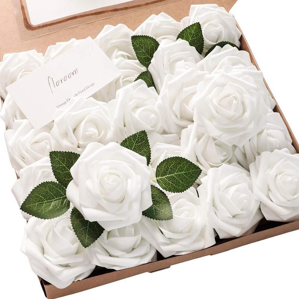 5739 Artificial Flowers 50pcs Realistic White Foam Roses with Stems for DIY